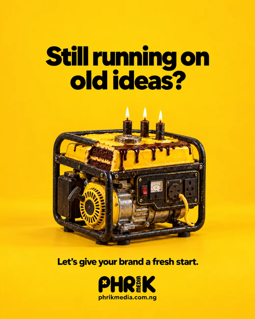 A familiar yellow generator transformed into a birthday cake with three candles.