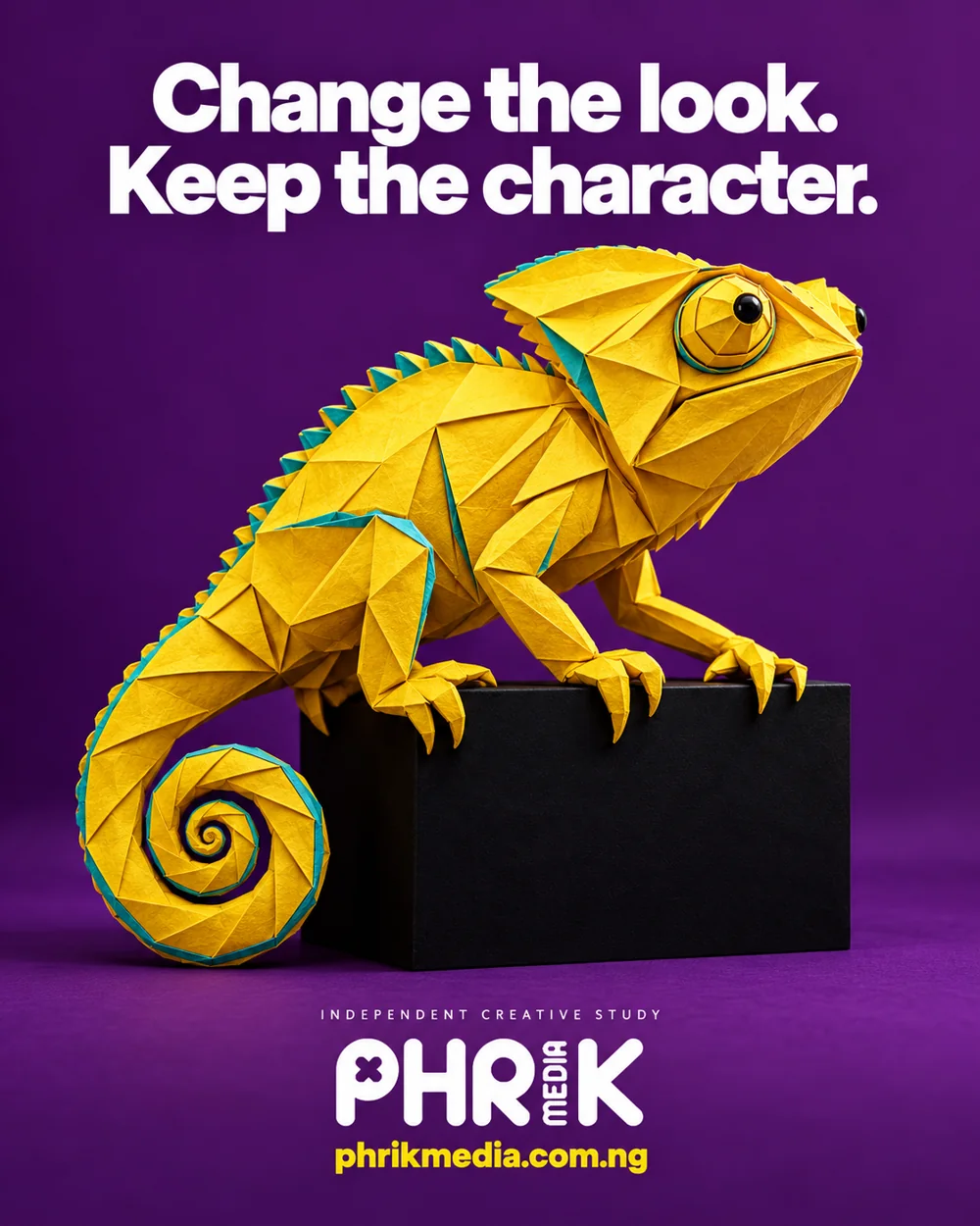A yellow folded-paper chameleon with a curled tail against a purple backdrop.